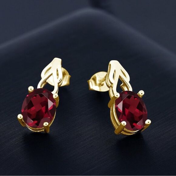 18K Yellow Gold 925 with 4.00 Cttw Rhodolite Garnet Oval Post Back Drop Earrings - Picture 2 of 4